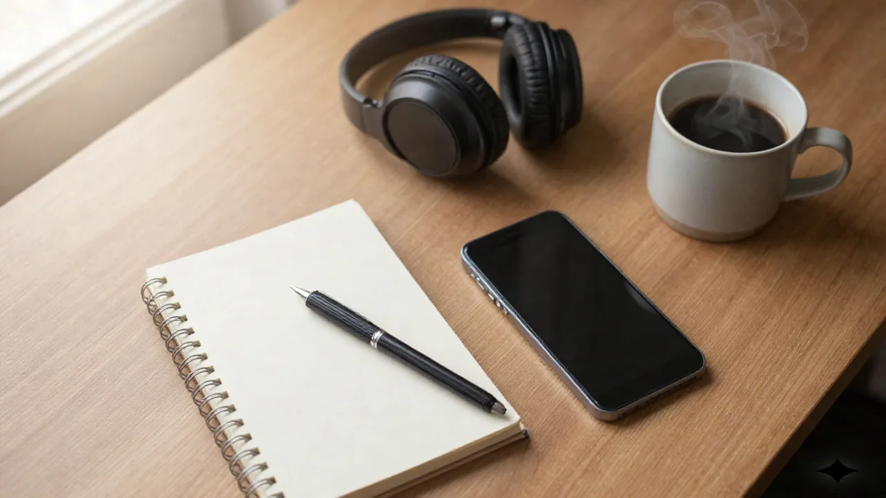 Scrivania al mattino con un telefono, un taccuino, auricolari e caffè, pronta per il tragitto