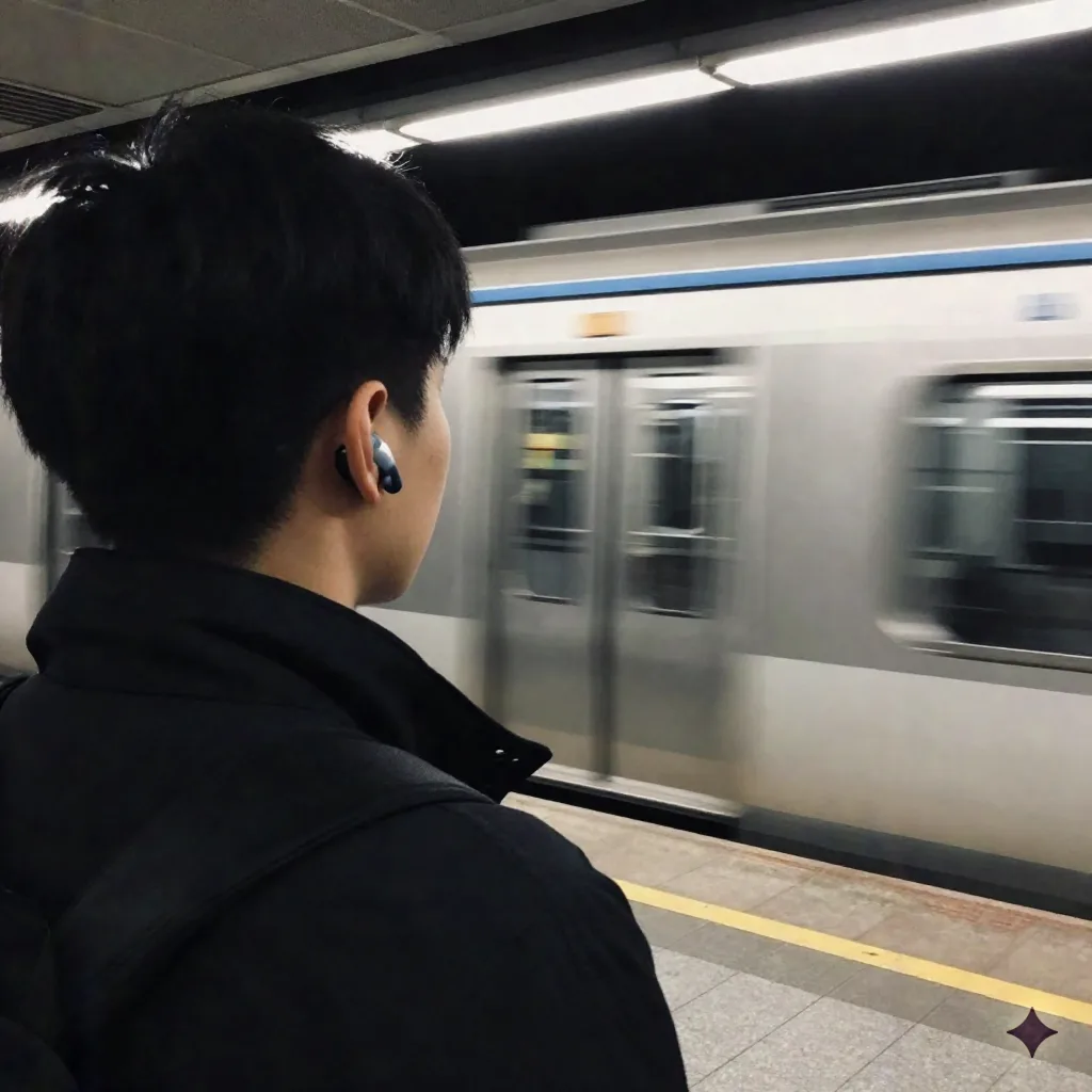 Commuter on a subway platform wearing wireless earbuds as a train arrives