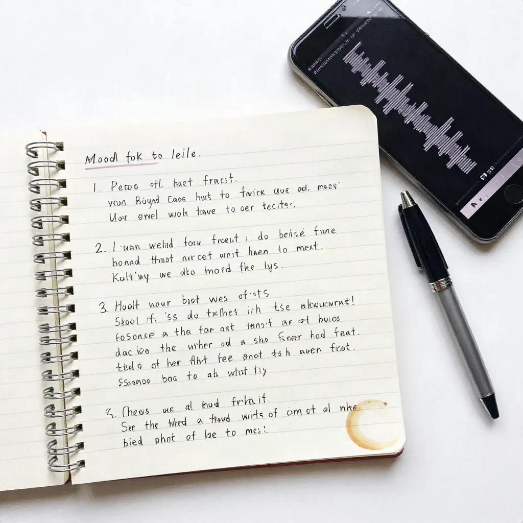 Notebook with handwritten study notes next to smartphone showing audio waveform, active listening workflow