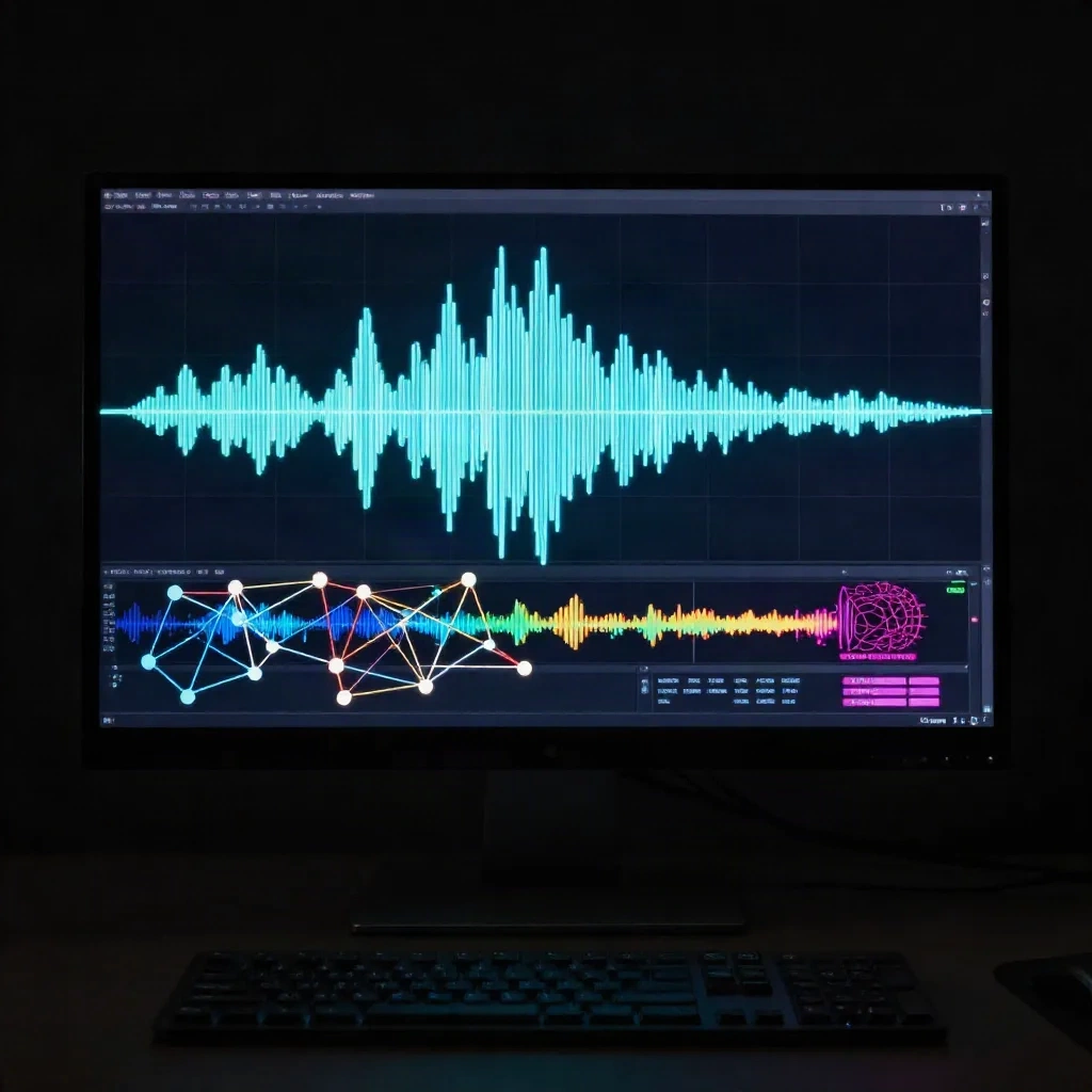 Neural network audio waveform visualization on a studio monitor screen