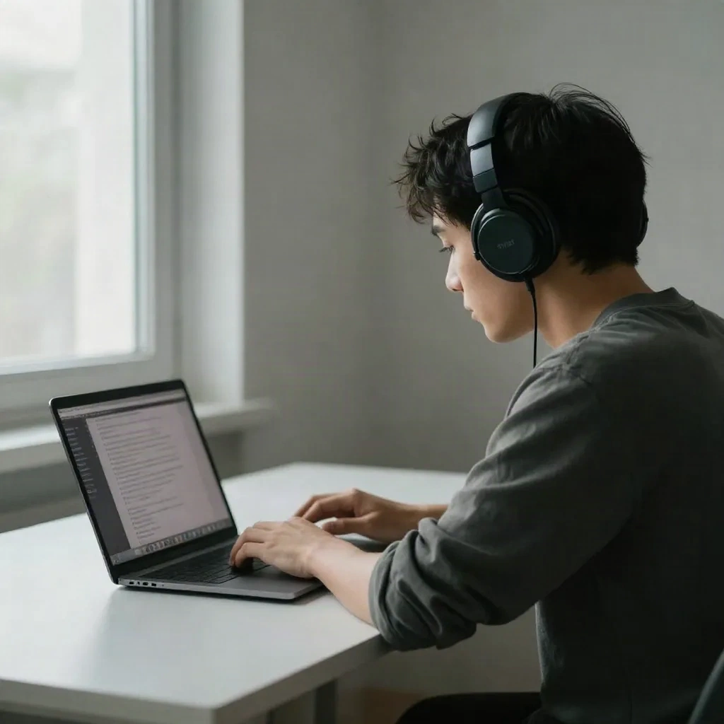 Person with over-ear headphones reading on laptop in morning light, dual modality study session