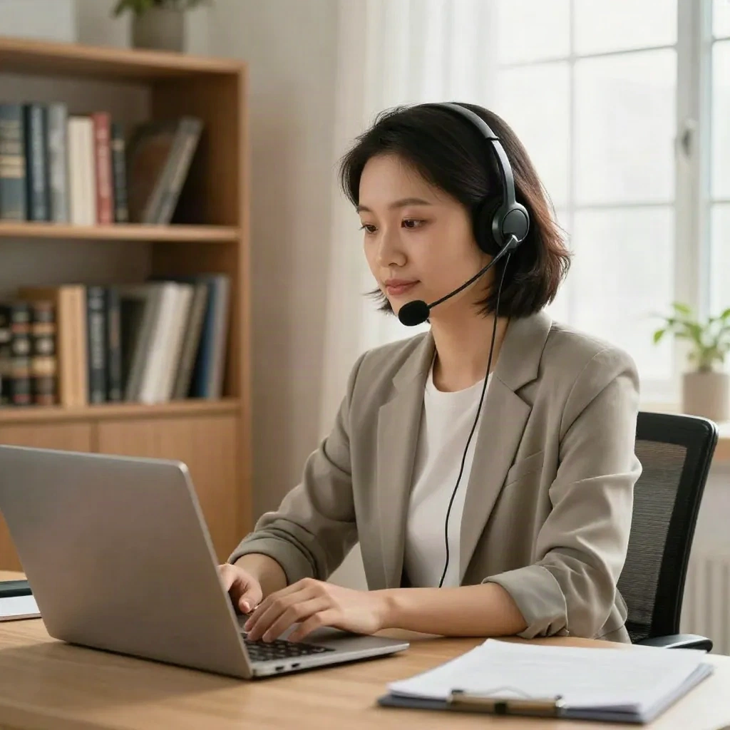 Remote worker on a video call wearing a USB headset in a home office
