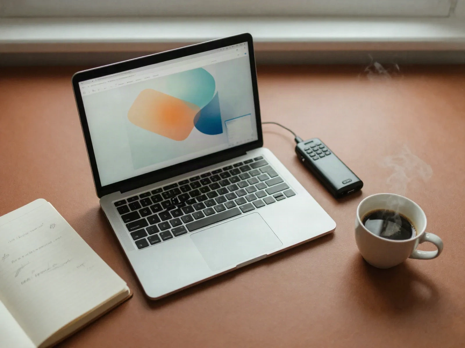 Desk workspace with a laptop showing an abstract generated dashboard, a voice recorder, and coffee