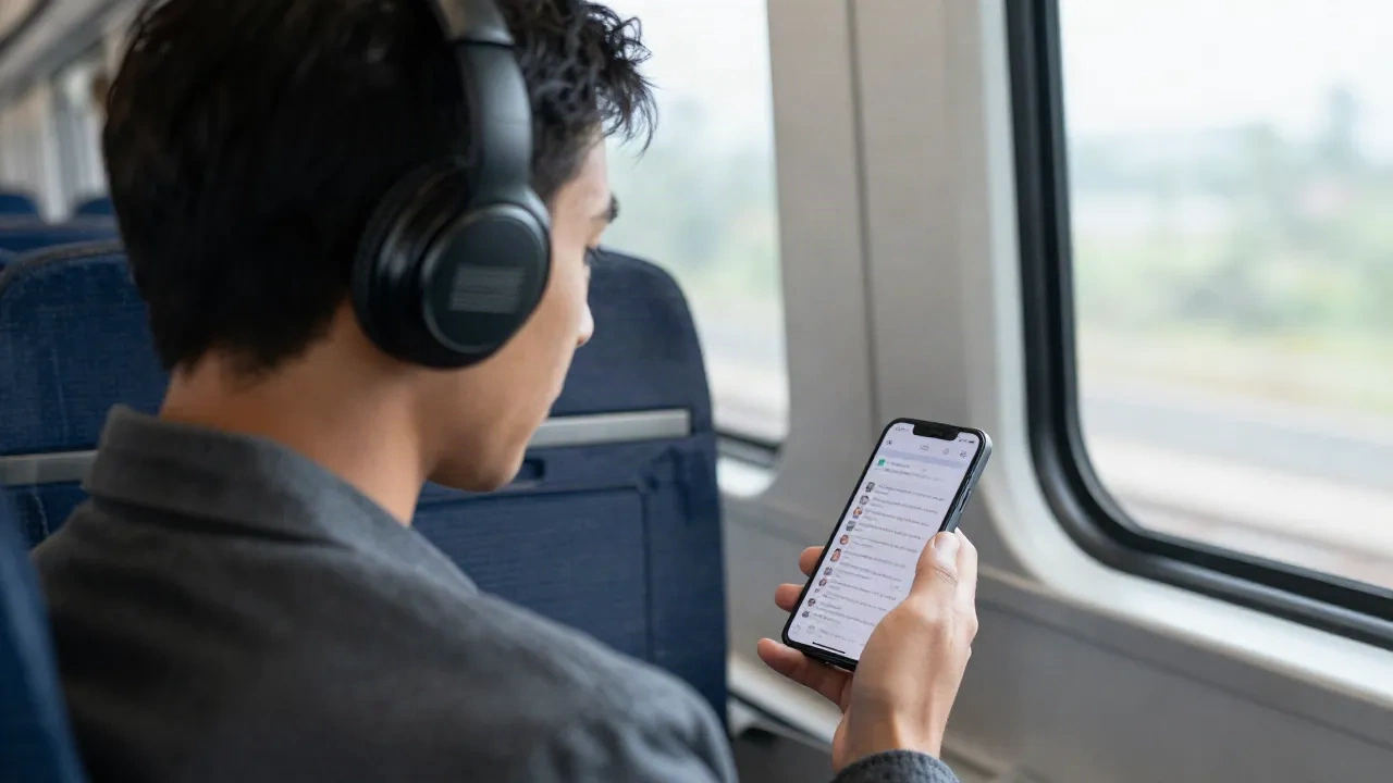 Professionista in pendolarismo con cuffie e trascrizione IA sullo schermo dello smartphone