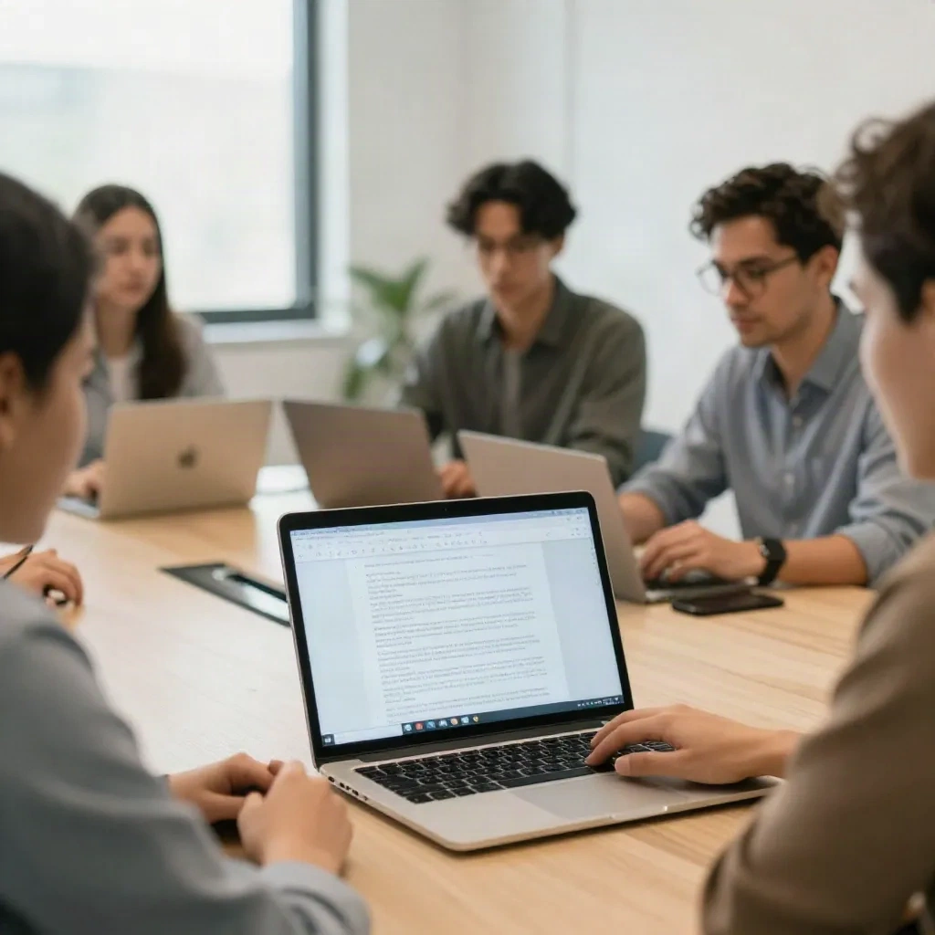 Team meeting with live AI transcript visible on open laptop screen