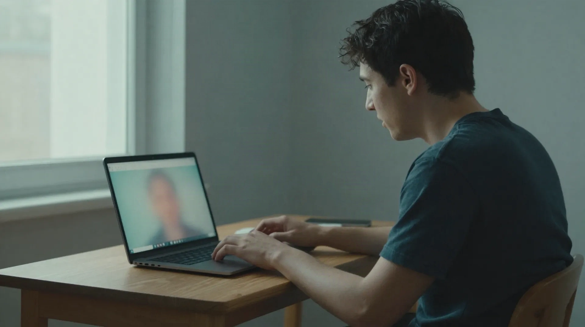 Person schaut nach einem Videocall auf ihr Laptop, der Bildschirm zeigt eine unscharfe Zusammenfassung