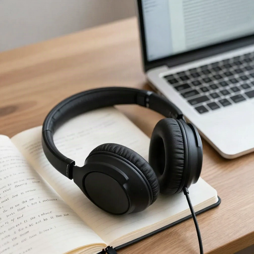 Headphones and notebook on desk next to laptop showing transcription document
