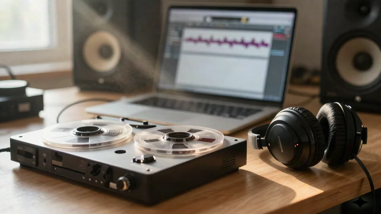 Tonband-Deck und Kopfhörer auf einem Schreibtisch, Symbol für eine Audiodatei zur KI-Restaurierung