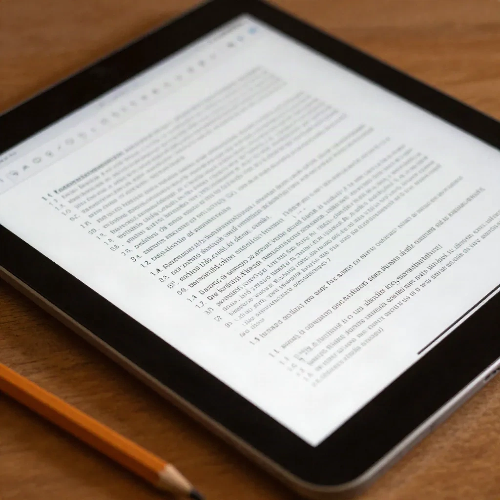 Close-up of academic PDF on tablet with footnotes and citation markers, where TTS voice quality gets tested