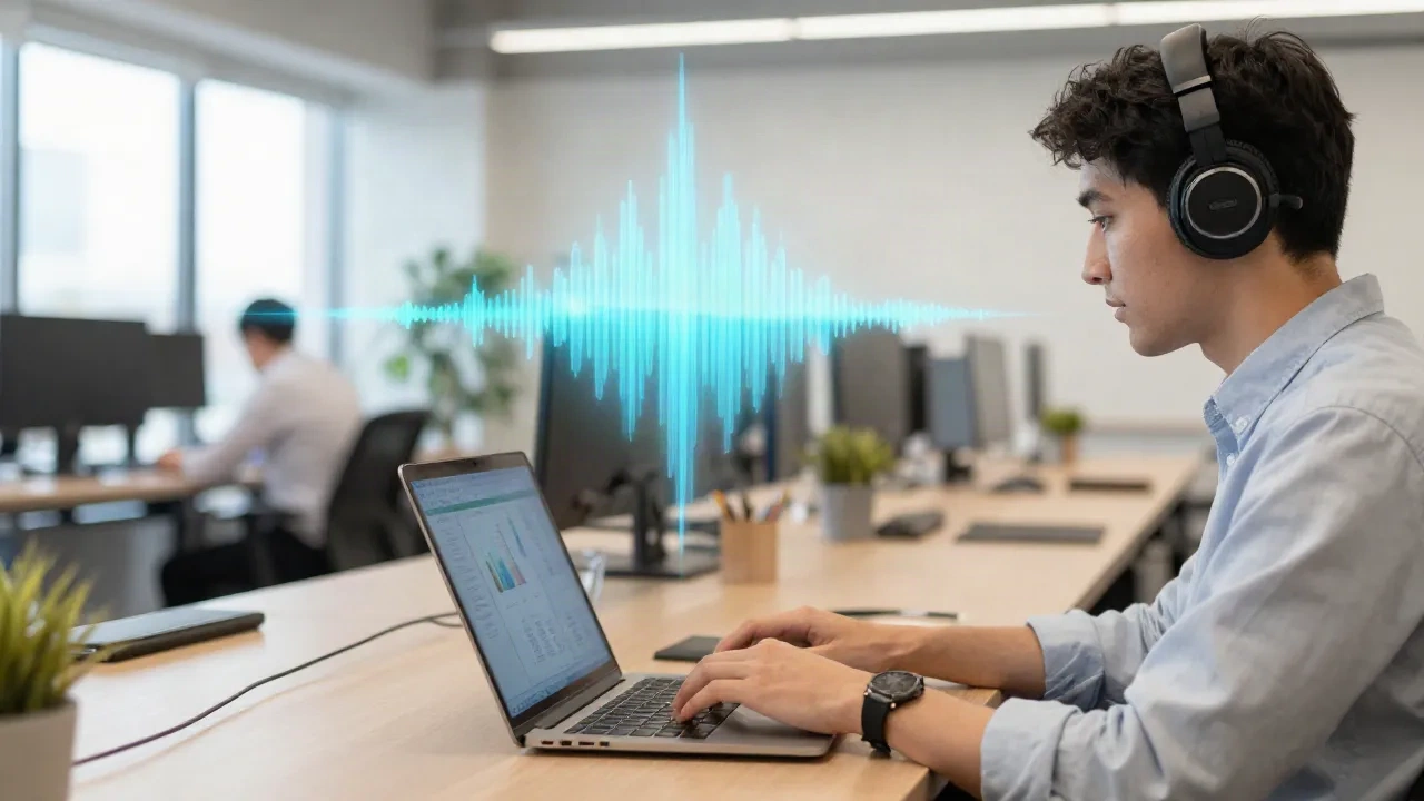 Person with headphones working in open-plan office, sound waves being filtered by AI noise cancellation