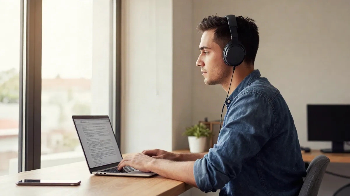 Knowledge worker with headphones using text to speech at a standing desk