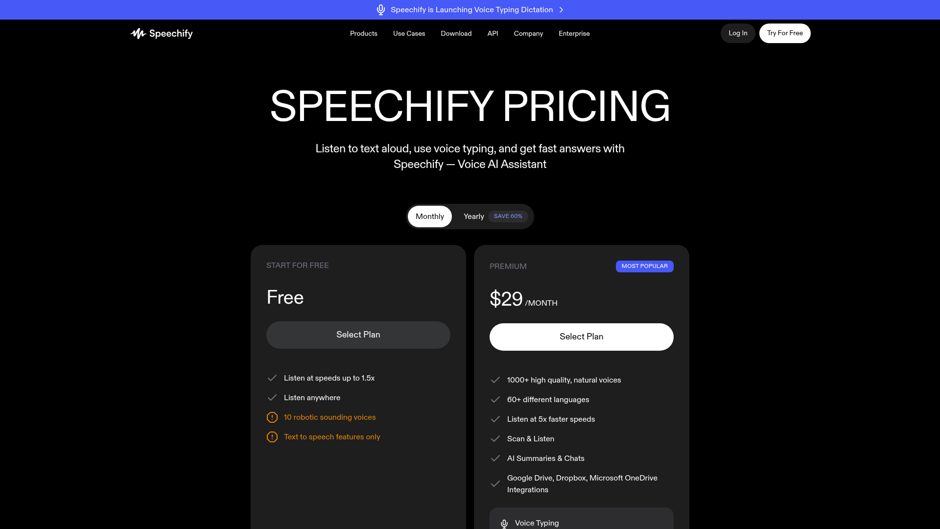 Page tarifaire Speechify comparant le plan gratuit et le plan Premium à $29/mois