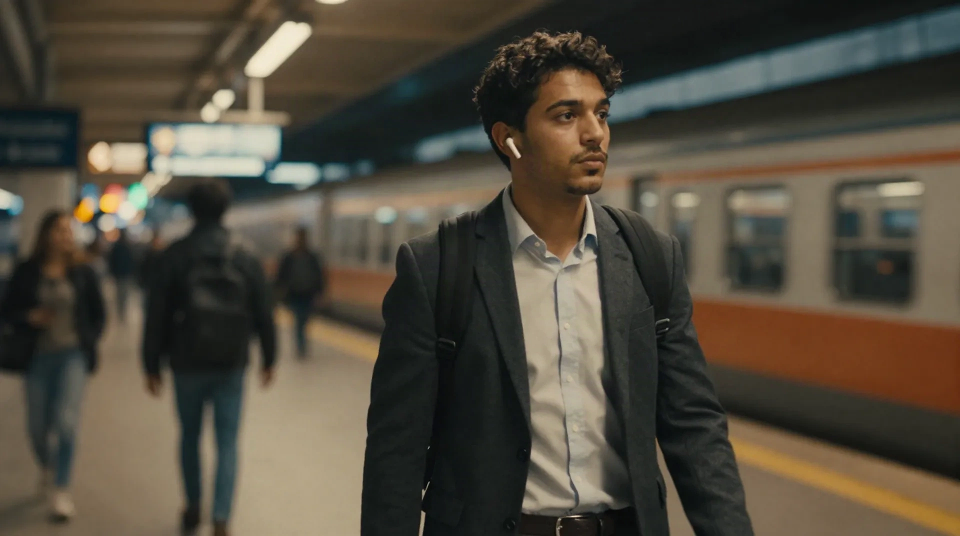 Commuter walking through a train station platform listening to audio through wireless earbuds