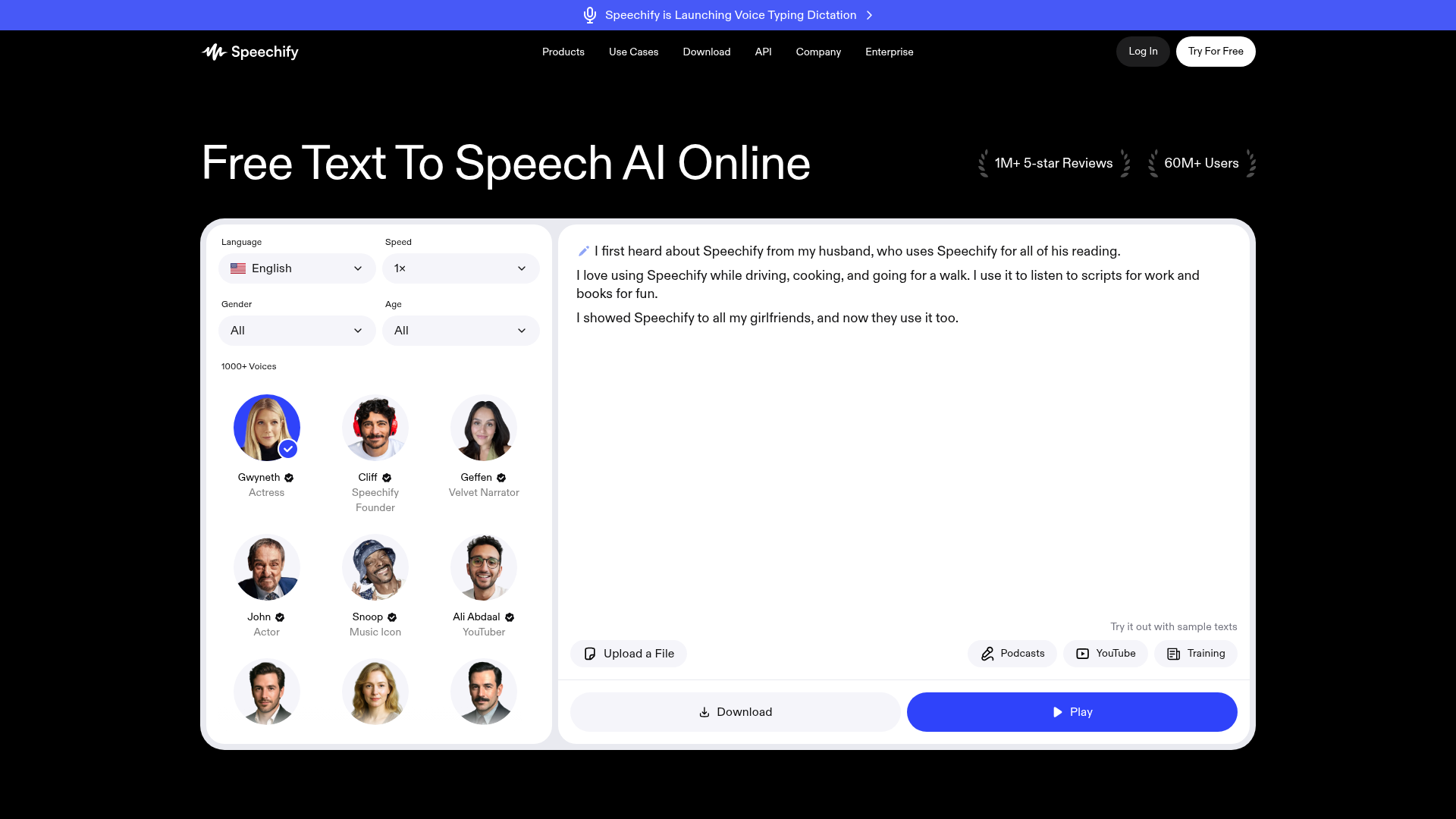 Lecteur web gratuit Speechify avec sélecteurs voix, langue et vitesse et panneau de lecture d'exemple