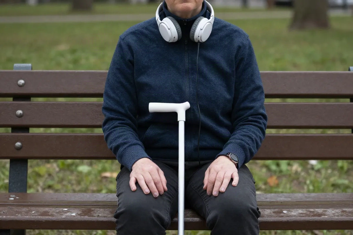 Person sitting on an outdoor bench with headphones and a mobility cane, listening to audio