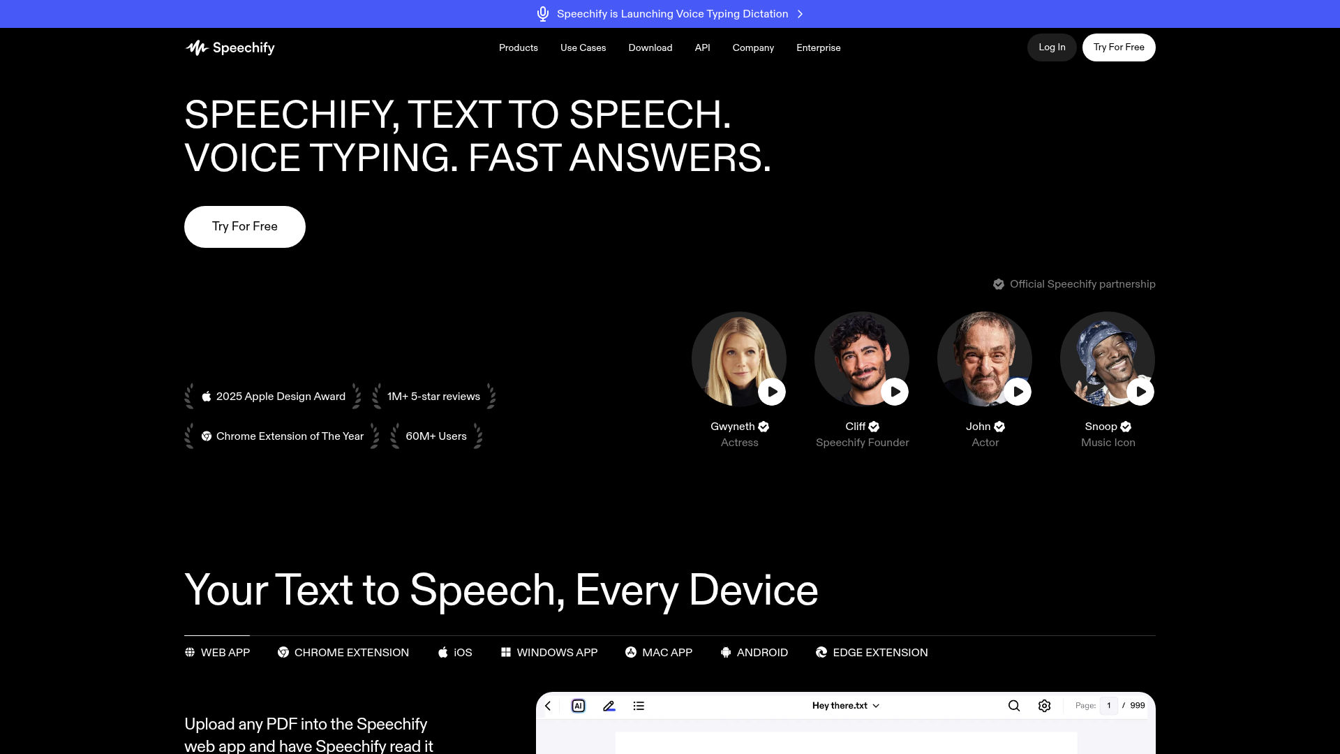Speechify-Startseite September 2026: 60 Millionen Nutzer, 1 Million+ Fünf-Sterne-Bewertungen, plattformübergreifende Text-zu-Sprache und Spracheingabe