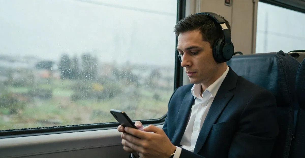 Person wearing headphones on a train commute using a smartphone
