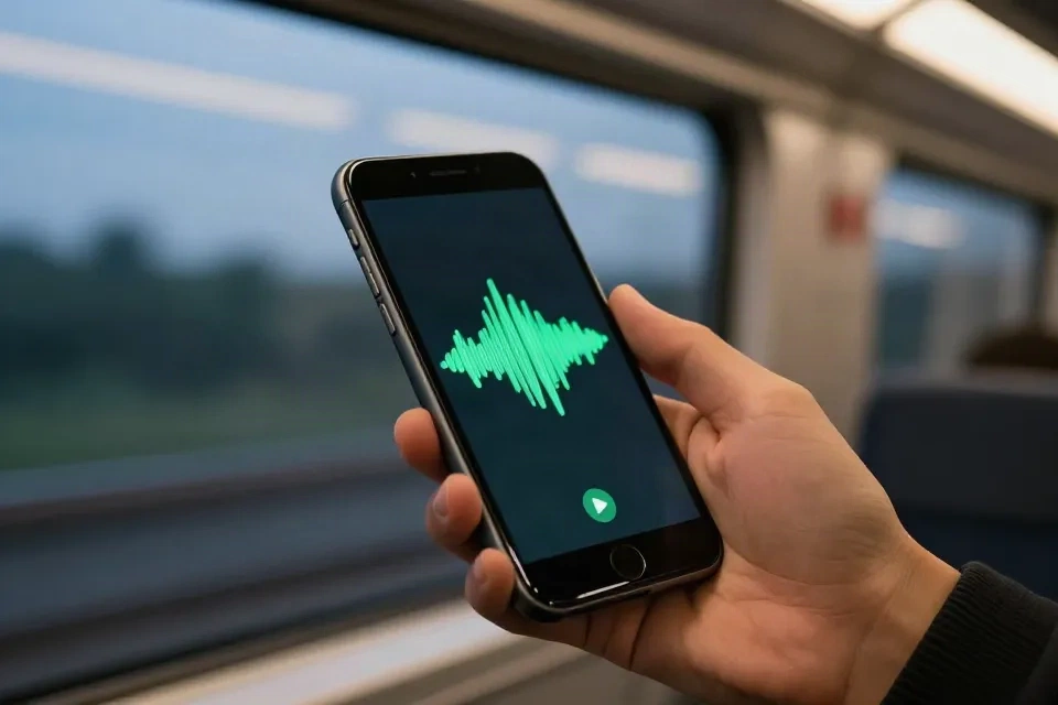 Une personne en trajet tenant un téléphone affichant une onde audio verte, dans un train