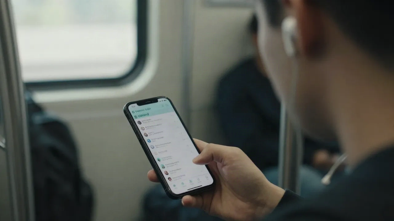 Person commuting with earbuds, listening to articles on phone