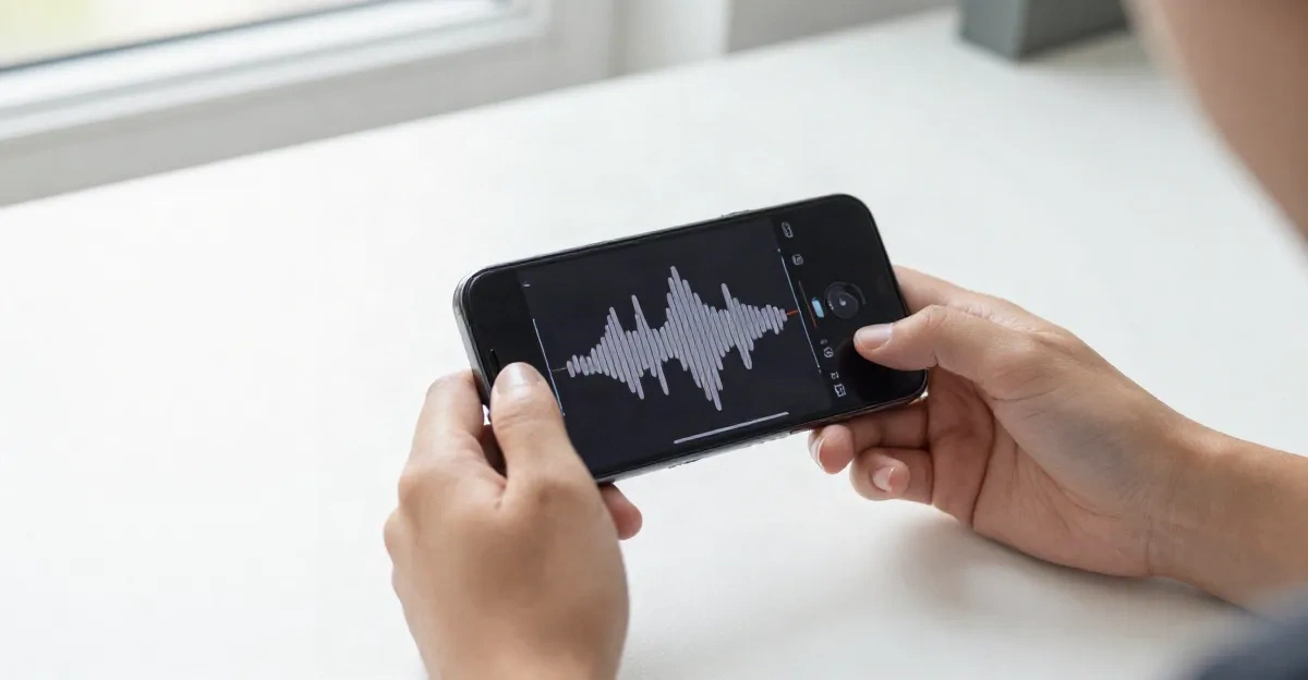 Hands holding a smartphone with voice recording waveform interface