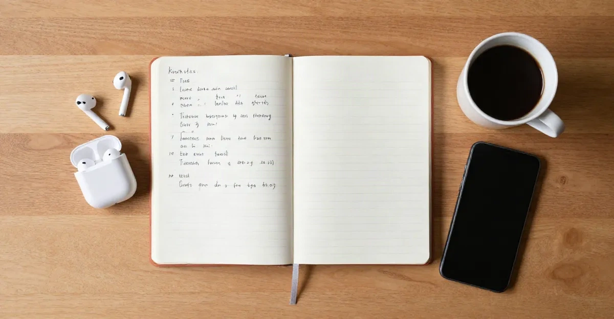 Minimalist desk setup with notebook, earbuds and smartphone for audio workflow