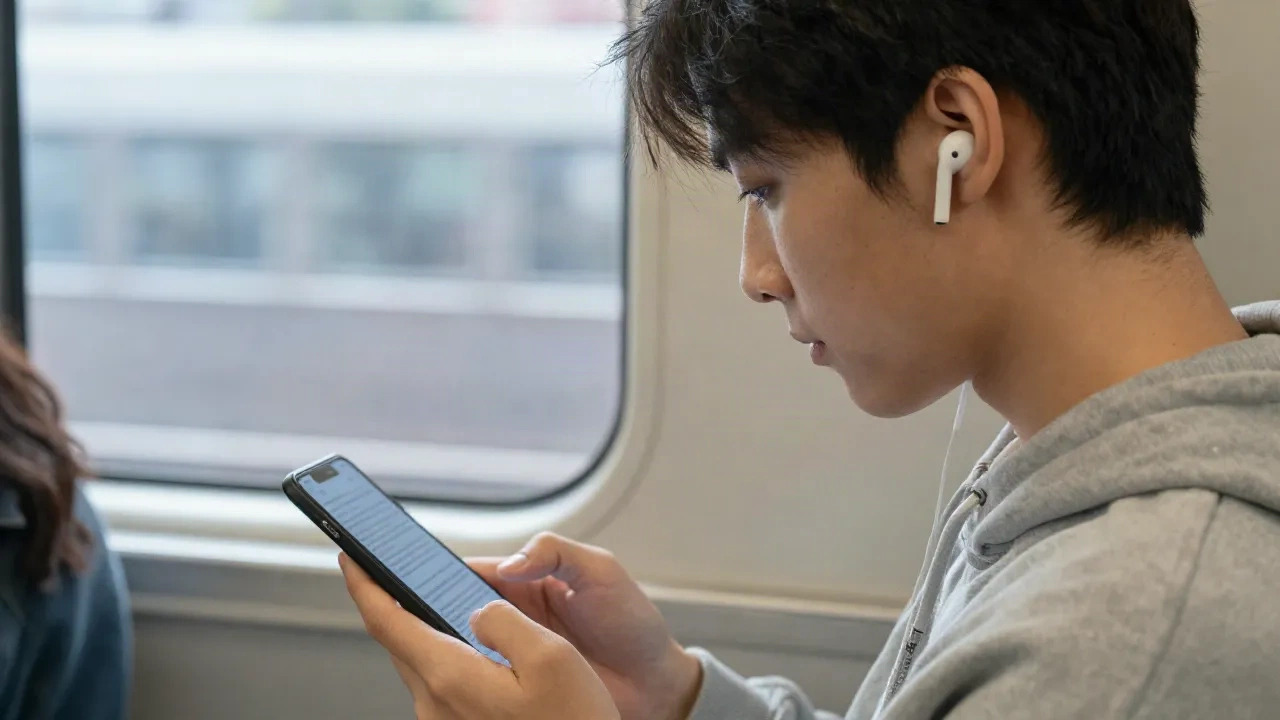 Person commuting on a train listening to article audio through earbuds