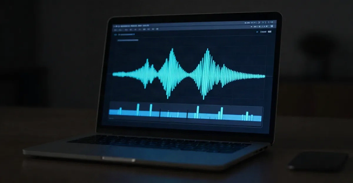 Laptop screen showing text-to-speech interface with audio waveform