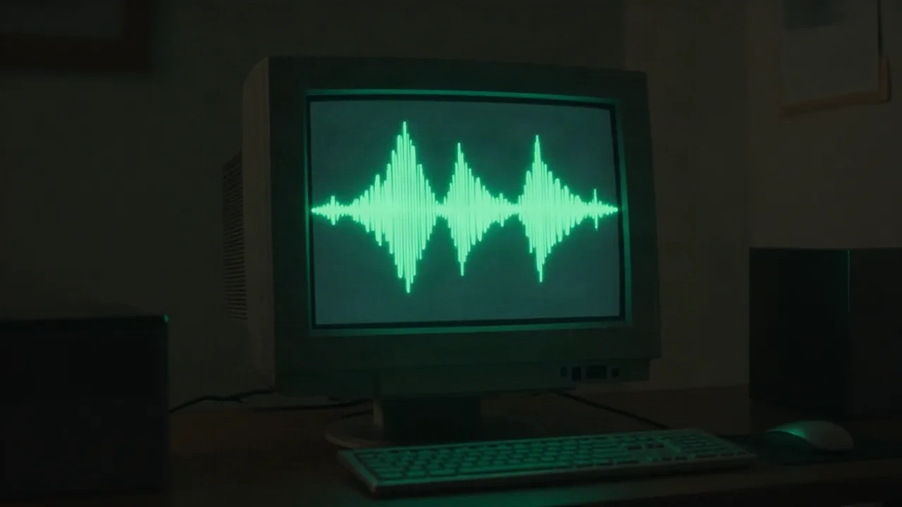 Ein retro CRT-Monitor leuchtet terminal-grün in einem dunklen Raum und zeigt eine Audio-Wellenform
