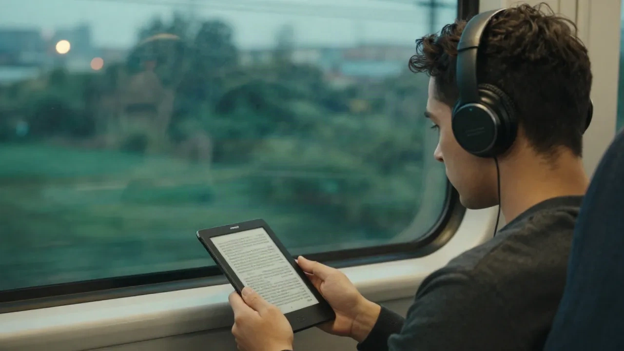 Commuter on a train with headphones holding an e-reader