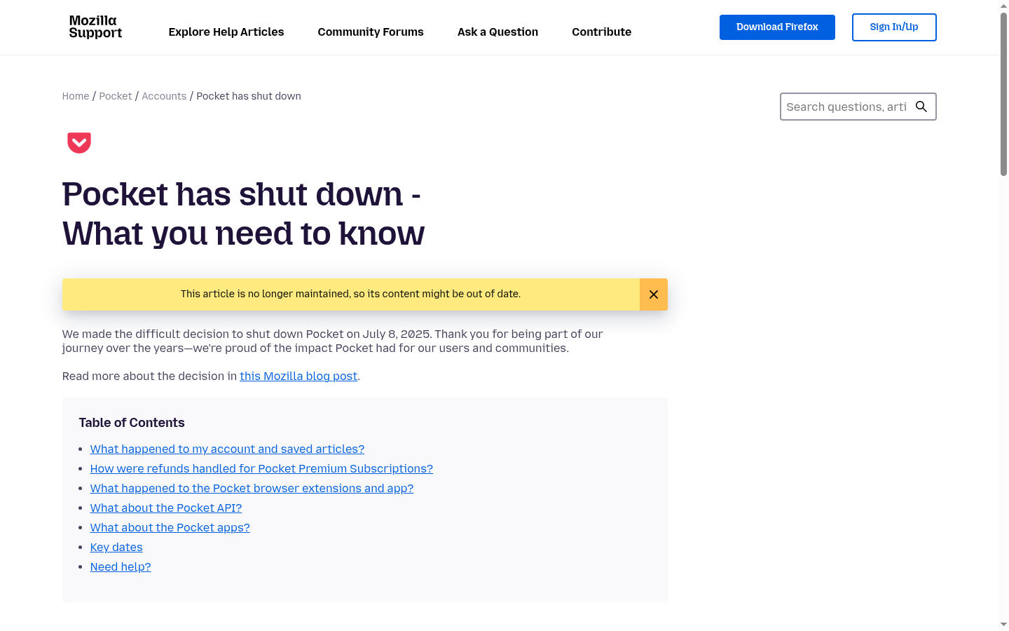 Mozilla support page with the Pocket key dates table