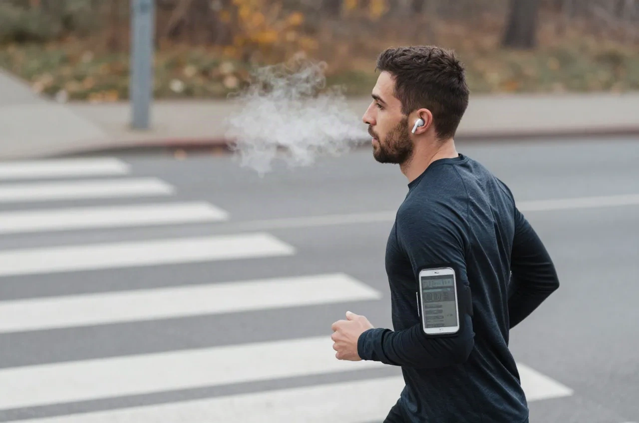 Runner at a crosswalk on a cold morning with one earbud in and a phone strapped to the arm