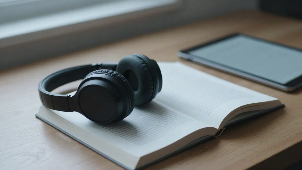Auriculares over-ear sobre un libro de bolsillo abierto junto a una tableta con un artículo largo