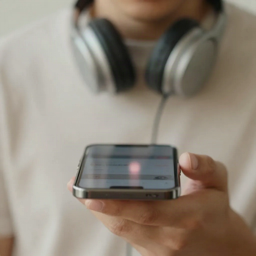 Finger swiping a smartphone screen with headphones around the neck