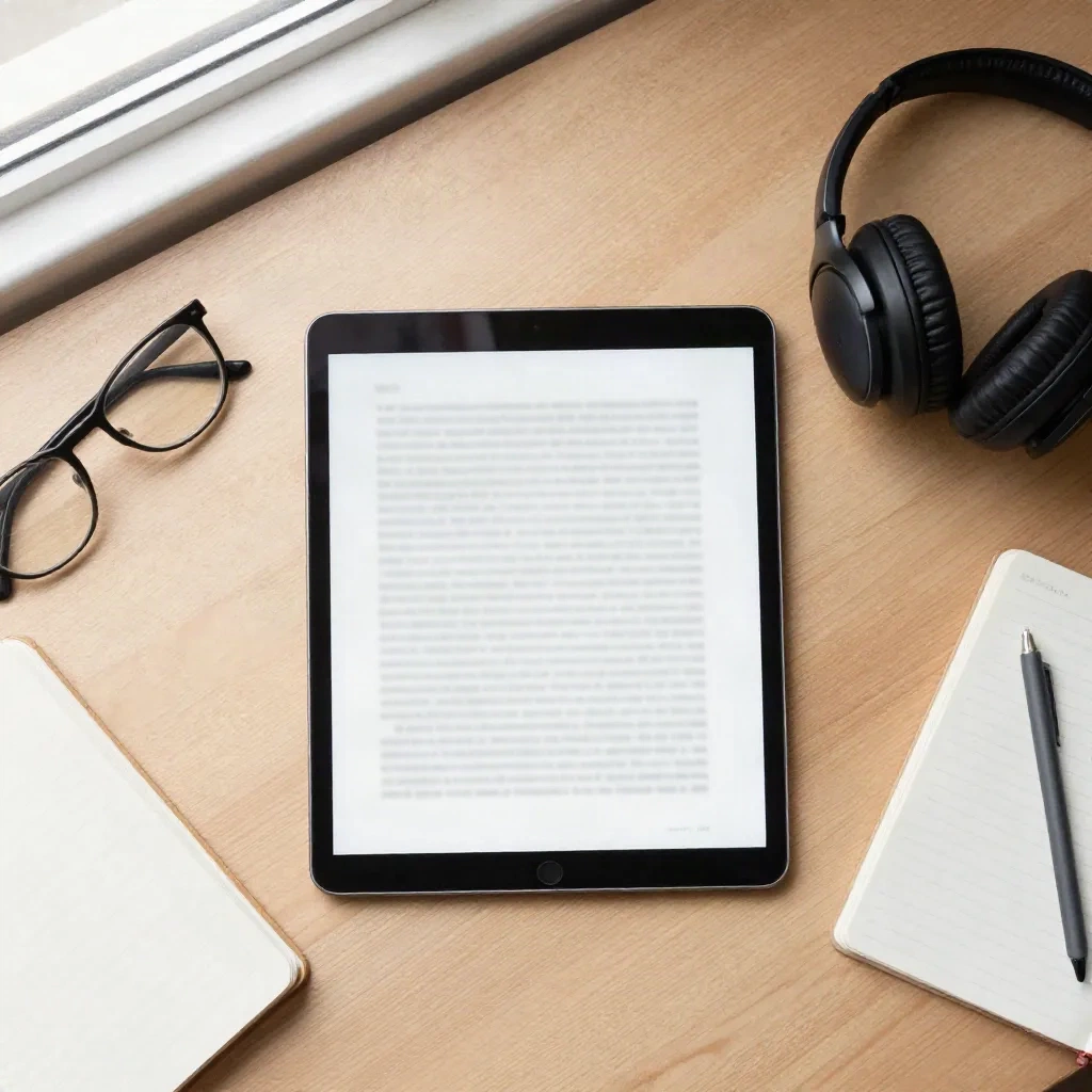 Tablet with enlarged text, headphones and reading glasses on a desk