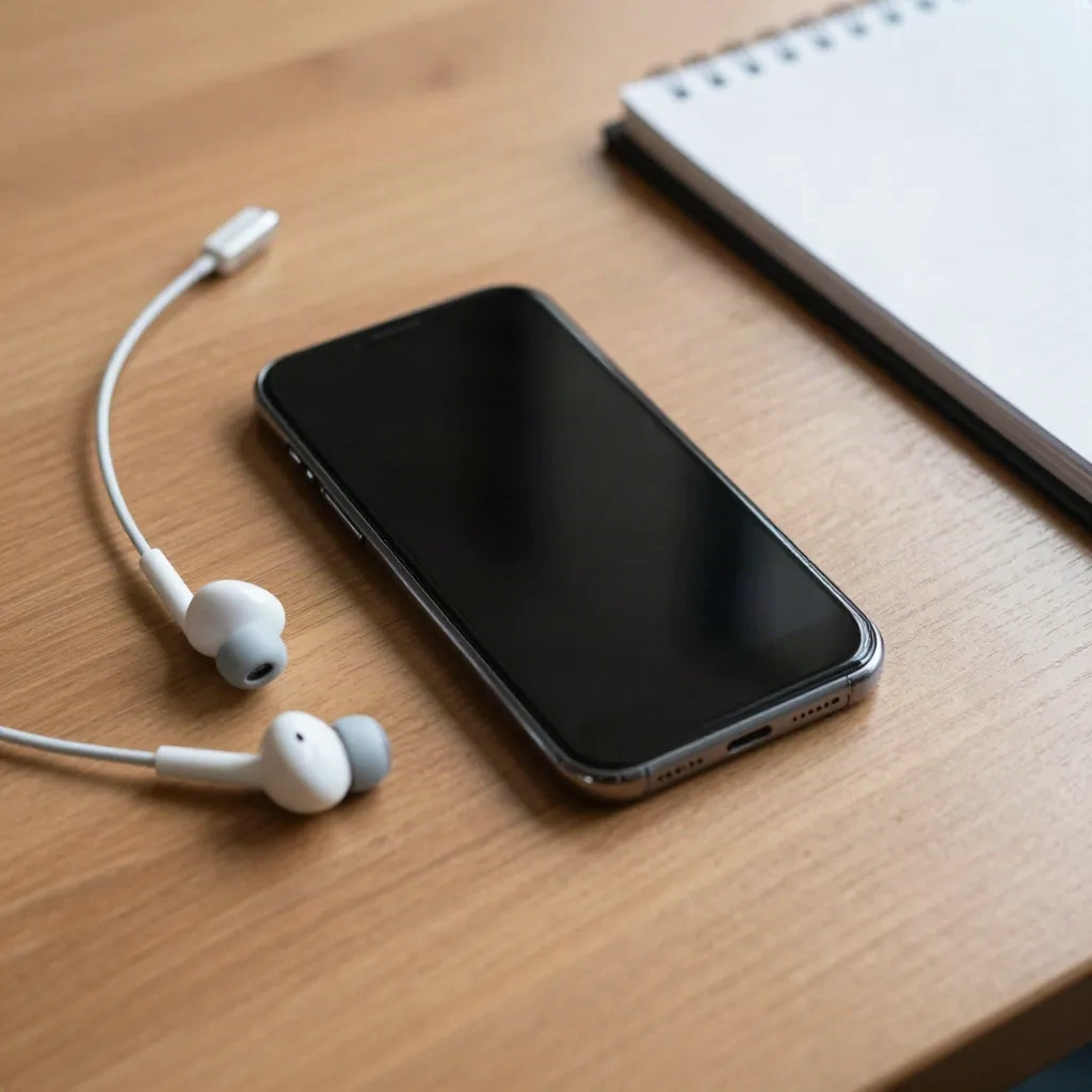 Téléphone enregistrant une réunion posé sur une table, à côté d'écouteurs