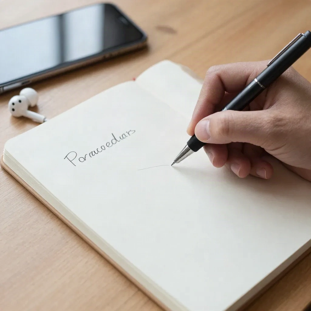 Hand schreibt kurze Notizen in ein Notizbuch neben einem Telefon und Ohrstöpseln