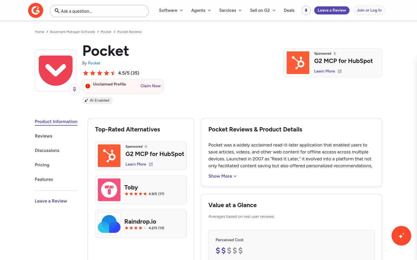 G2 page for Pocket with 4.5 out of 5