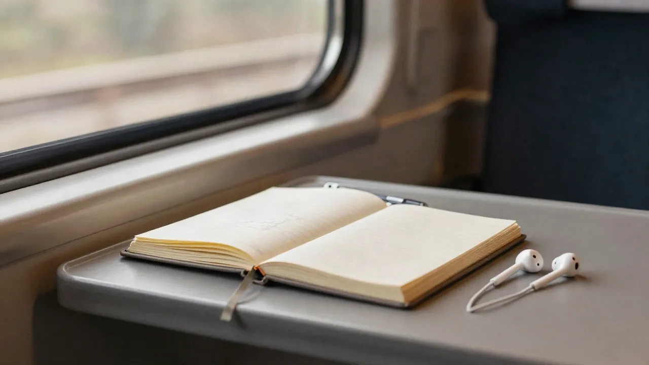 Taccuino con penna e auricolari su un sedile della finestra di un treno pendolare