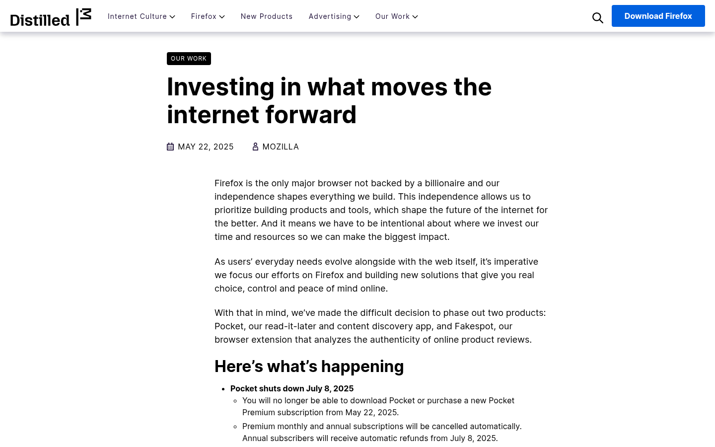 Mozilla blog post announcing that Pocket shuts down on July 8, 2025