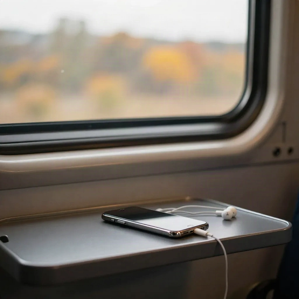 Un téléphone et des écouteurs posés sur un siège de train pendant un trajet du matin
