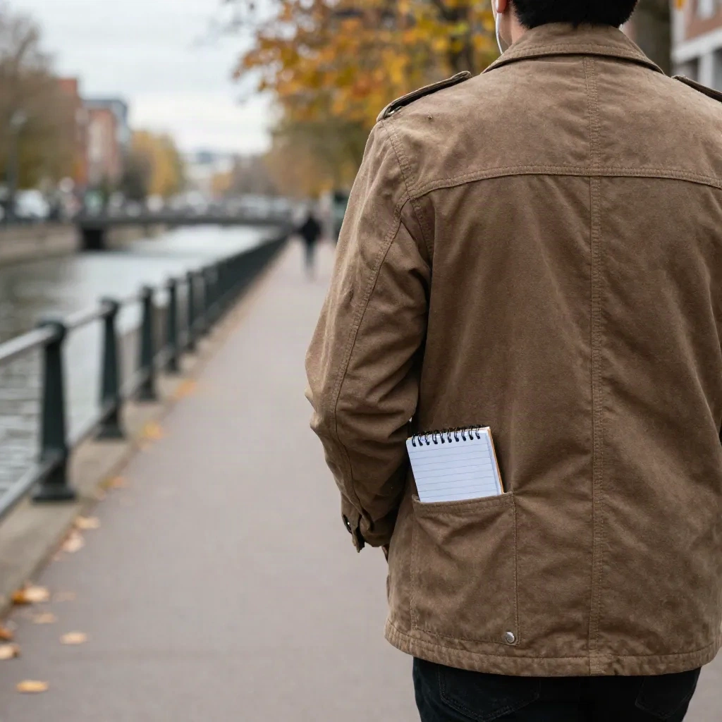 Person geht einen Kanalweg entlang mit Ohrstöpseln und einem Notizbuch in einer Jackentasche