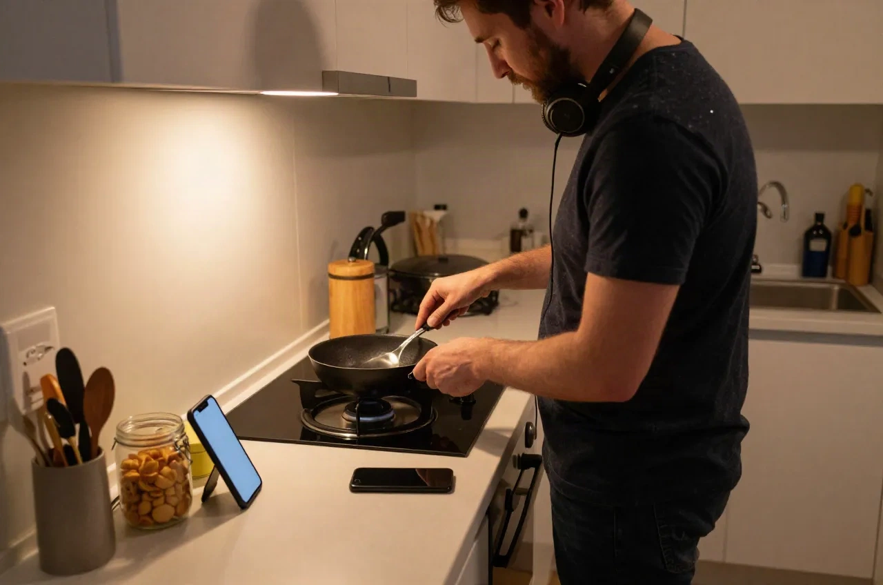 Man cooking in a small kitchen while a phone with a locked screen plays audio on the counter