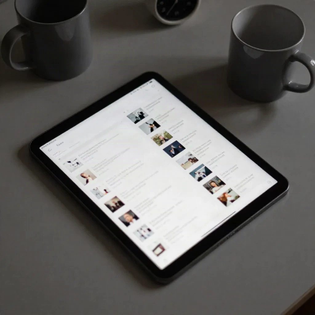 Une tablette affichant une longue liste de lecture sur un bureau, avec une minuterie retournée face contre table
