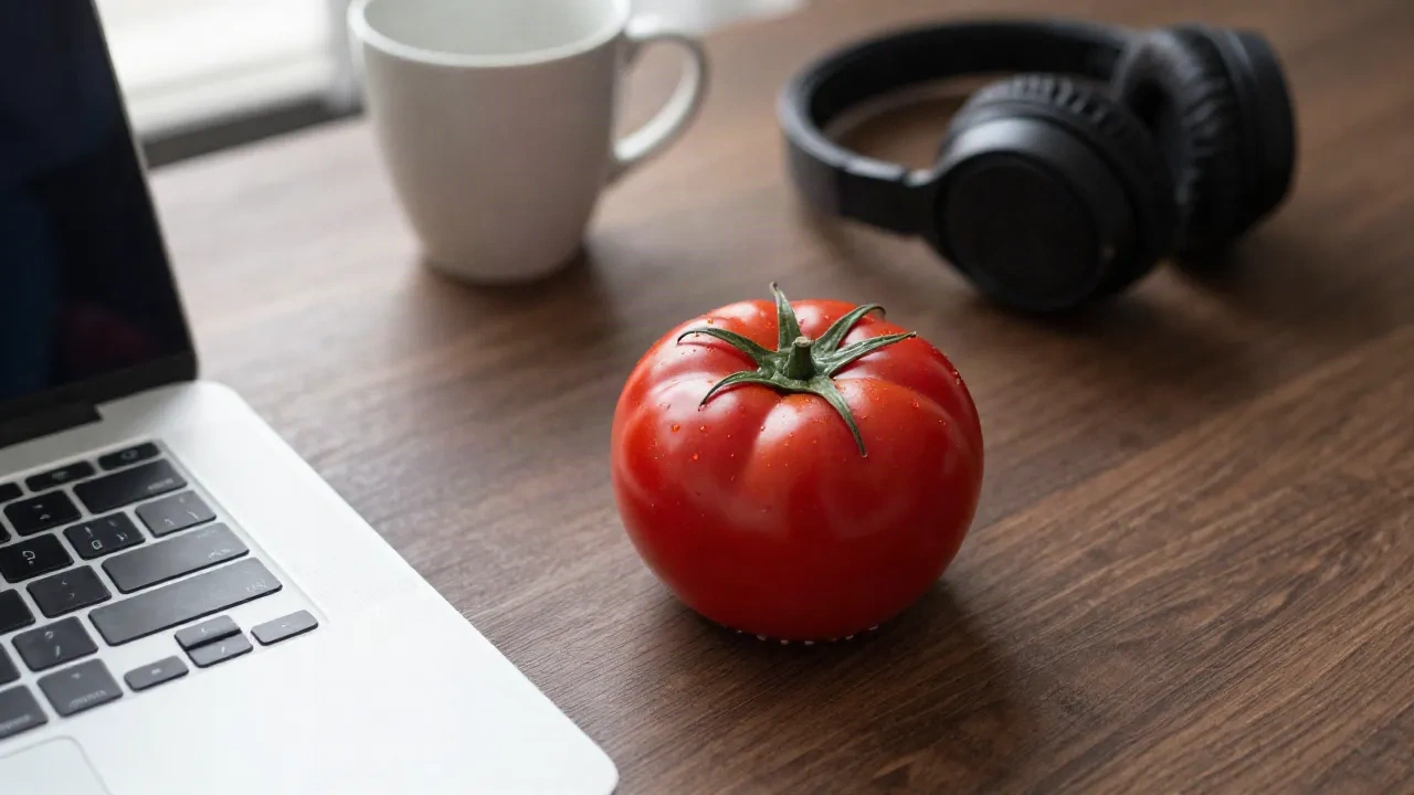 Un timer da cucina rosso a forma di pomodoro su una scrivania di noce accanto a un laptop e a delle cuffie