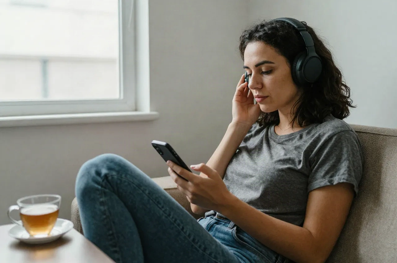 Woman on a sofa with over-ear headphones listening to audio from a phone