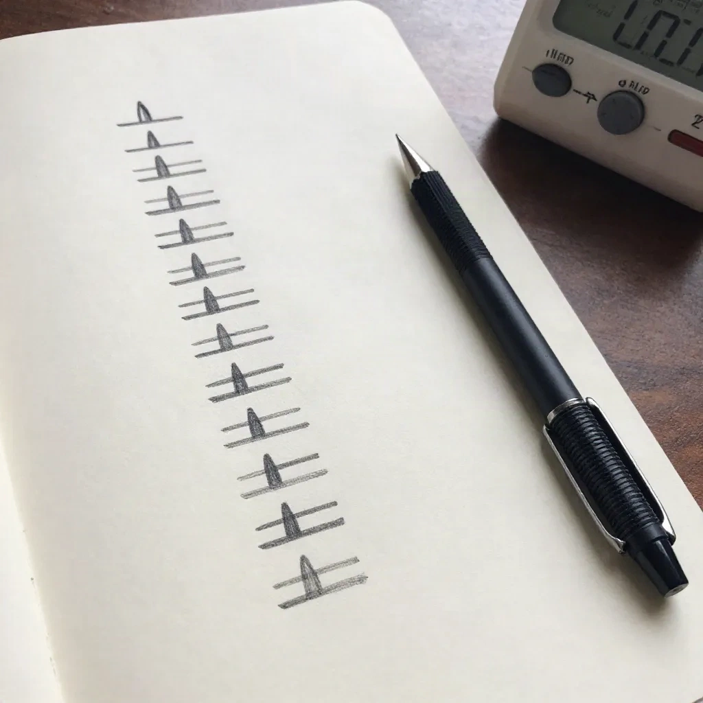 Traits de crayon sur un bloc-notes à côté d'une petite minuterie analogique