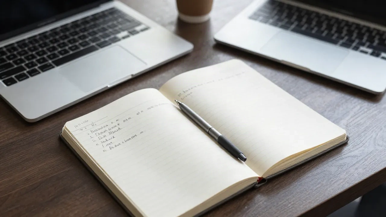 Offenes Notizbuch und Stift neben einem Laptop auf einem Konferenztisch während einer Besprechung