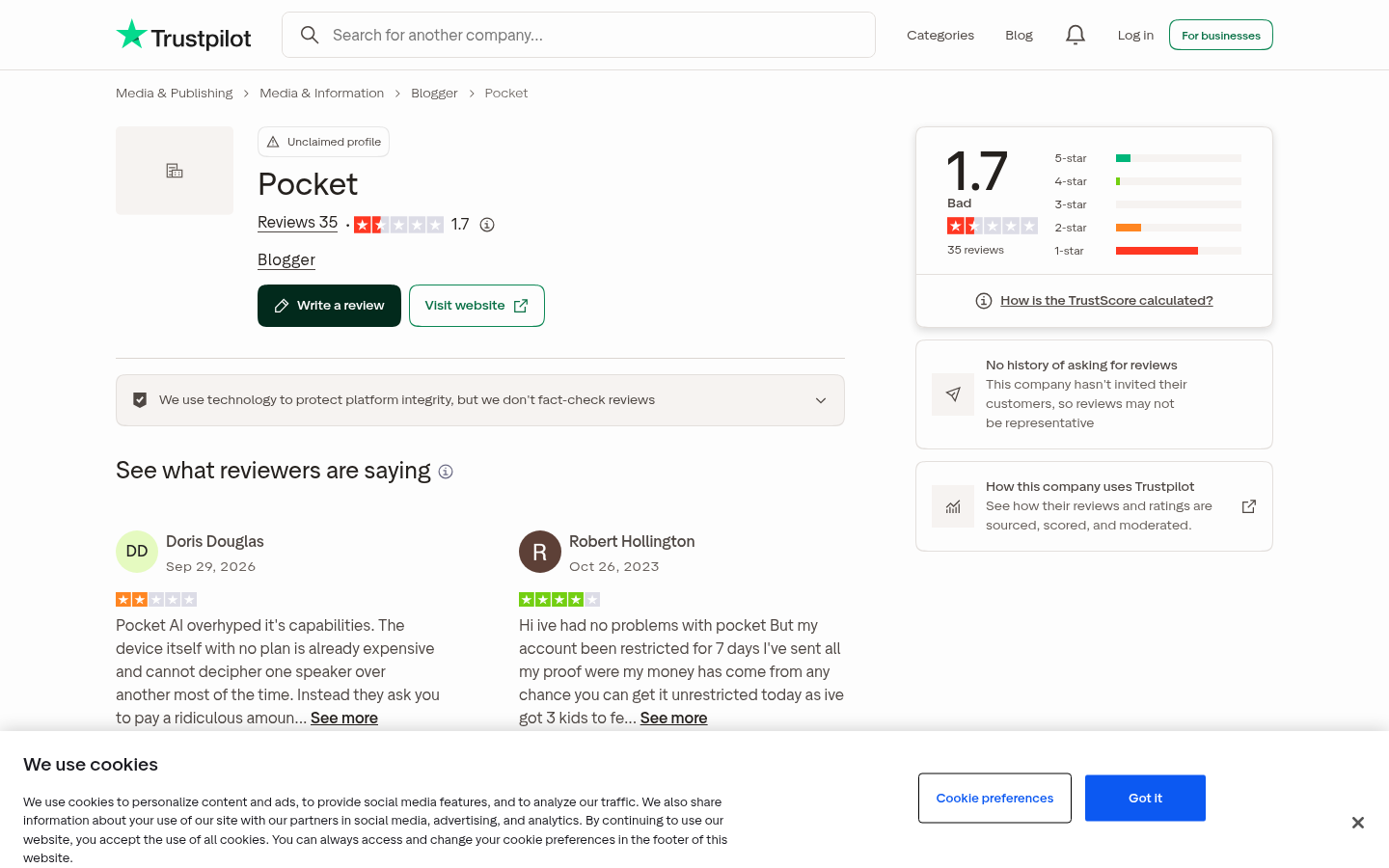 Trustpilot page for Pocket with 1.7 out of 5