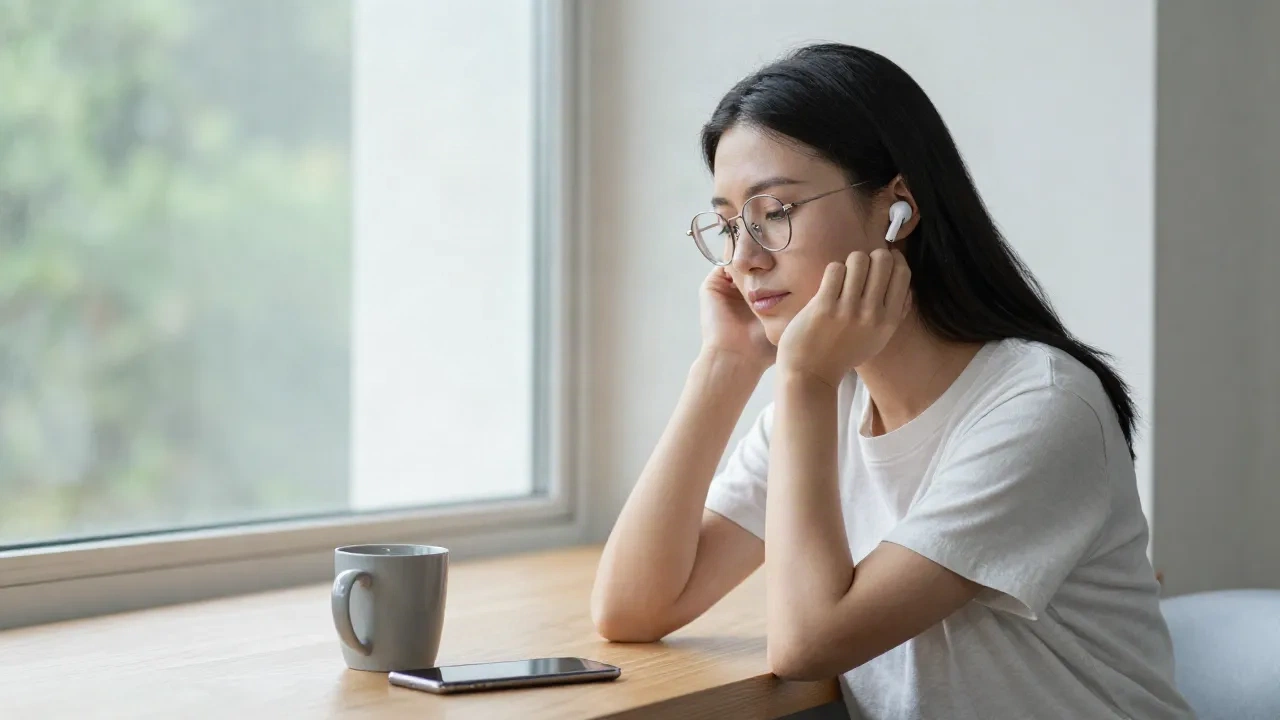 Donna con occhiali ascolta un articolo con un solo auricolare accanto a una finestra
