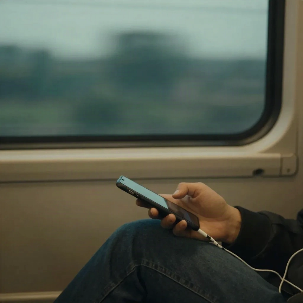 Hand holding a phone on a commuter train with earbuds plugged in